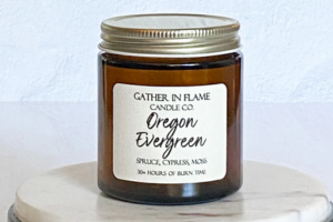 Jar of a handmade Oregon Evergreen candle